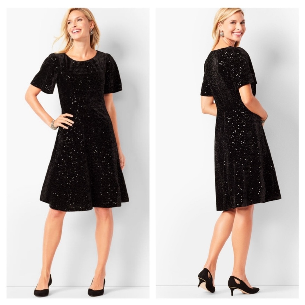Talbots dress Velvet Sequined Fit Flare Sz6 Holiday Christmas Modest Classy